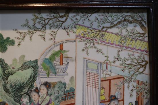 A large Chinese plaque of ladies in a garden